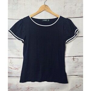 Lauren Ralph Lauren Womens Top XL Navy Blue Knit White Trim Puff Short Sleeve